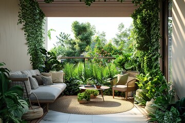 Discover a modern balcony oasis captured in a professional photograph, showcasing botanical charm with lush green plants enhancing the sleek design