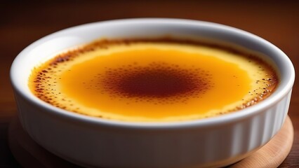 A classic creme brulee served in a white ramekin, featuring a perfectly caramelized sugar crust. The creamy custard underneath creates a rich and satisfying dessert experience