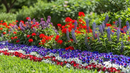 A vibrant flower bed filled with red, purple, and blue flowers in a lush green garden, displaying a colorful summer scene.