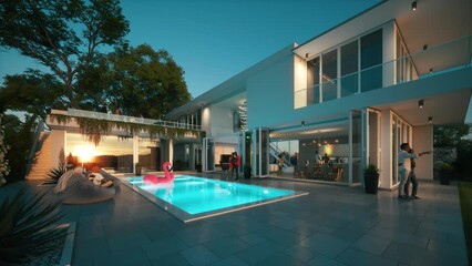 Party in a luxury villa at evening. Private party at home. Disco in a private house. Holidays lifestyle concept. 3d animation