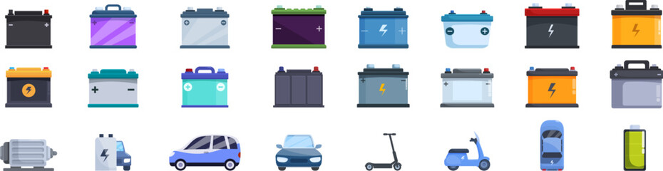 Electricity car accumulator icons set vector. A collection of battery cases, including a car battery, a motorcycle battery, and a scooter battery © nsit0108