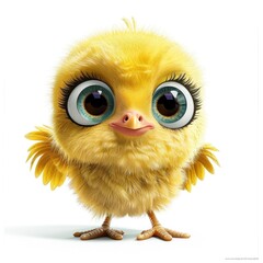 Fototapeta premium An adorable 2D clipart illustration of a cute chicken with a round, fluffy body and large, expressive eyes. The chicken is depicted in vibrant yellow tones, standing on a white background.