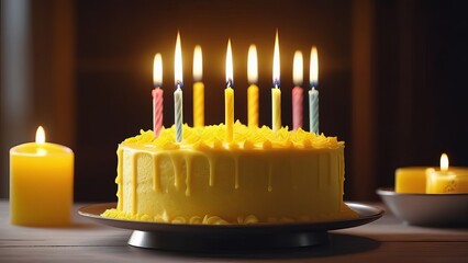 A bright yellow birthday cake with yellow frosting and lit candles, placed on a white plate against a dark background. The cake is surrounded by candles, creating a warm and festive atmosphere