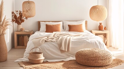 White bedroom with wooden bedside tables, orange pendant lamps and beige cushions. Soft light...