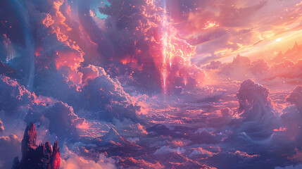 Digital painting of a fantasy world with mystical clouds and magical scenery, suitable for a science fiction background