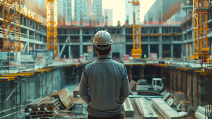 Fototapeta premium A construction worker in a hard hat standing with their back to the camera, looking at a large construction site with cranes and scaffolding,showcasing responsibility and oversight in the construction