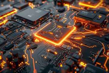 Fototapeta premium CPU Neon Flow: A Futuristic Representation of Advanced Technology with Orange Data Flowing Across a Microchip and Motherboard
