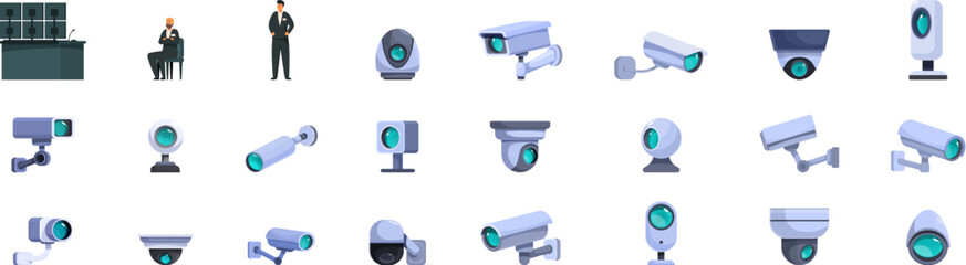 Video surveillance system icons set vector. A collection of various security cameras, including a man in a suit standing in front of a desk