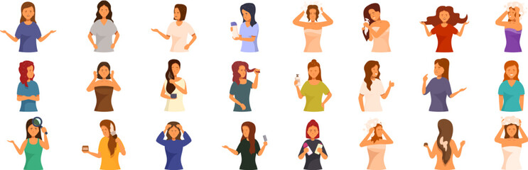 Woman dandruff icons set vector. A collection of women in various outfits and hairstyles. Some are talking on cell phones, while others are brushing their hair or putting on makeup. Scene is casual