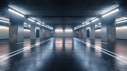 Spacious Underground Parking Garage With Bright Lighting During Evening Hours. Generative AI