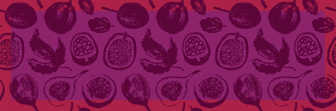 Pattern passion fruit seamless. Hand drawn granadilla illustrations. Exotic fruits ornament. Granadilla background for cosmetics, fruits puree or juice label. Vector fabric tropical fruit banner.