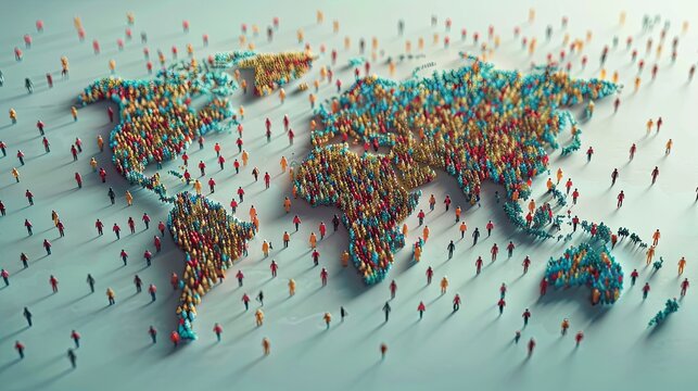 A model of the earth's continents on which human figurines walk. World Population Day