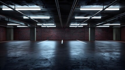 A well-lit, empty parking garage featuring shiny concrete floors, lined parking spaces, and structural columns. Generative AI