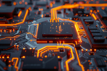 CPU Neon Flow: A Futuristic Representation of Advanced Technology with Orange Data Flowing Across a Microchip and Motherboard