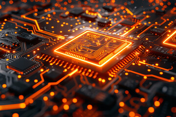 CPU Neon Flow: A Futuristic Representation of Advanced Technology with Orange Data Flowing Across a Microchip and Motherboard