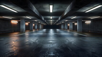 Spacious Underground Parking Garage With Bright Lighting During Evening Hours. Generative AI