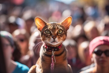 Portrait of a funny abyssinian cat on vibrant festival crowd