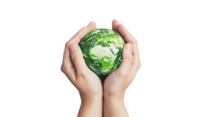 Hands holding a green globe, earth. Earth day concept
