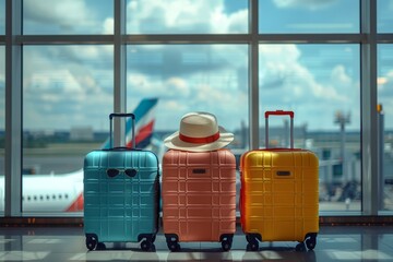 Suitcases in airport. Travel concept.3d rendering