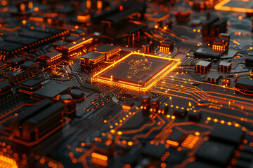 CPU Neon Flow: A Futuristic Representation of Advanced Technology with Orange Data Flowing Across a Microchip and Motherboard