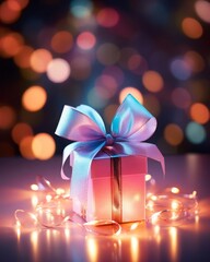 Gift box with an intricate bow, glowing softly in the light close up, celebration spirit, vibrant, overlay, festive backdrop