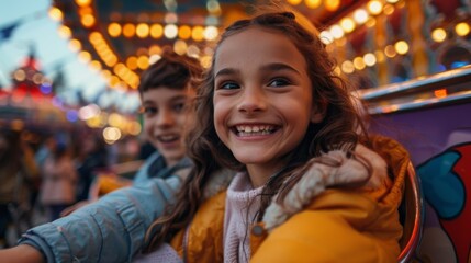 Fototapeta premium High-detail photo of a family enjoying a carnival, all smiling and having fun
