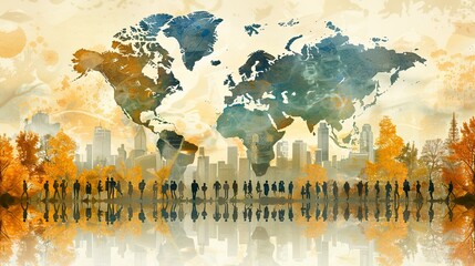 A world map and a row of silhouettes of people below. Illustration. World Population Day