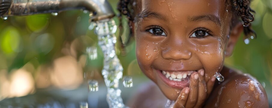 Smiling child with water dripping from a tap