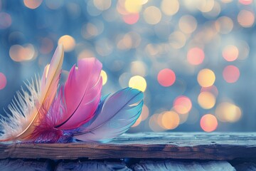 A Pair of Colorful Feather Quills on a Rustic Wooden Table with Soft Dreamy Bokeh Lights in the Background