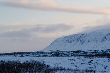 Snowy ridge at sunset