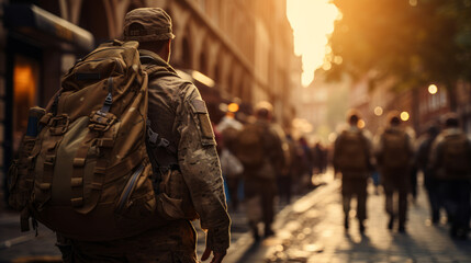 Fototapeta premium Rear view of a soldier walking on the street at sunset.