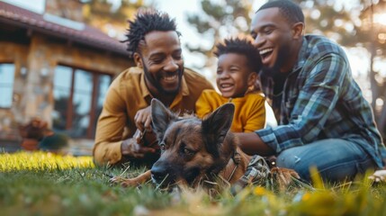 High-detail photo of a family playing with their pet in the yard, all smiling