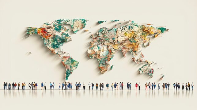 A world map and a row of silhouettes of people below. Illustration. World Population Day