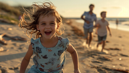 Little girl running from her parents on a beach