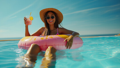 Woman relaxing in pool with tropical drink