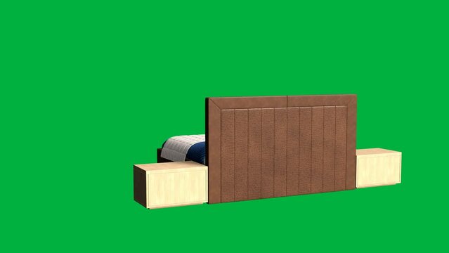 A bed with a green background. The bed is brown and blue. There is a nightstand next to the bed