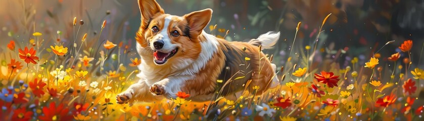 Happy dog running through a vibrant autumn field of wildflowers with a joyful expression.