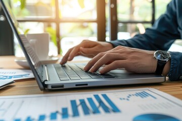 Focused on Business: Hands Typing on Laptop with Charts and Graphs.