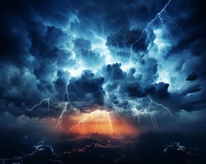 Fototapeta premium Intense thunderstorm with lightning striking and hail falling, dark ominous clouds filling the sky close up, severe weather, vibrant, double exposure, stormy backdrop
