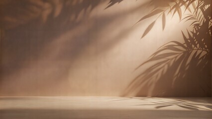 Warm Taupe Wall Leaf Shadows: A warm taupe wall and floor with delicate leaf shadows, ideal for a sophisticated and cozy product display.
