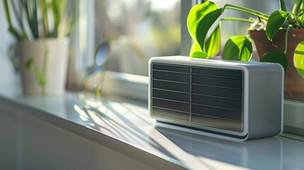 A modern and compact green energy storage device sits on a windowsill harnessing sunlight to provide sustainable electricity for a household.