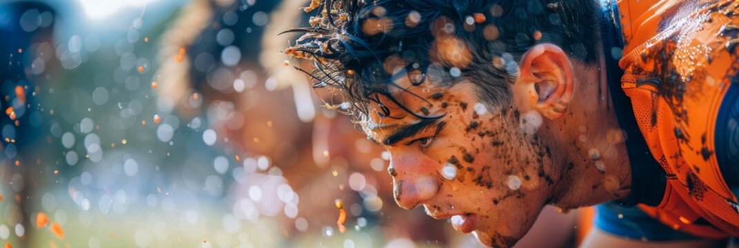 Dynamic rugby sevens scrum with players  faces close up, showcasing intense physicality of the game