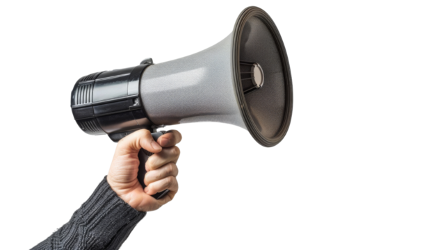 Hand holding a loud speaker megaphone 