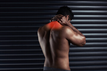 Back, xray and hands on neck with man by black background for injury, workout and accident in gym....
