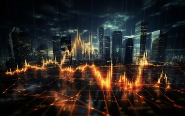 Obraz premium Lightning striking financial charts representing economic depression selective focus, financial crisis, vibrant, overlay, trading floor backdrop