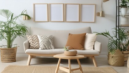Fototapeta premium Modern Scandinavian Interior: 3D Render of Living Room Poster Frame