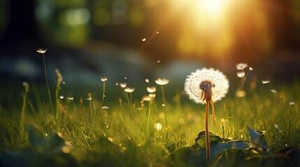 Lone dandelion in a vibrant meadow, with sunlight illuminating its intricate, feathery structure selective focus, poetic scene, whimsical, composite, lush field backdrop