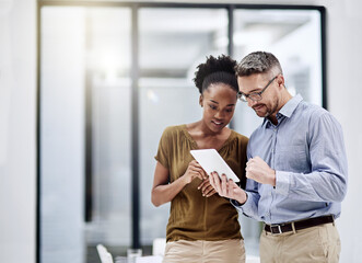 Employee, people and smile at office with tablet for teamwork or collaboration and project. Ideas,...