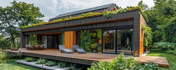 Modern eco-friendly house with green roof and large windows surrounded by lush trees and greenery. Spacious deck and outdoor living area.