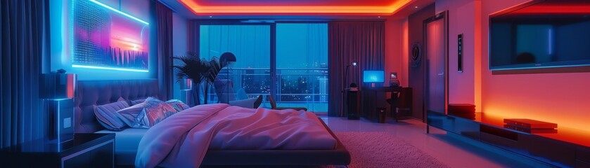 Modern bedroom with neon lights and gaming setup, featuring a cozy bed in a stylish, futuristic interior design.